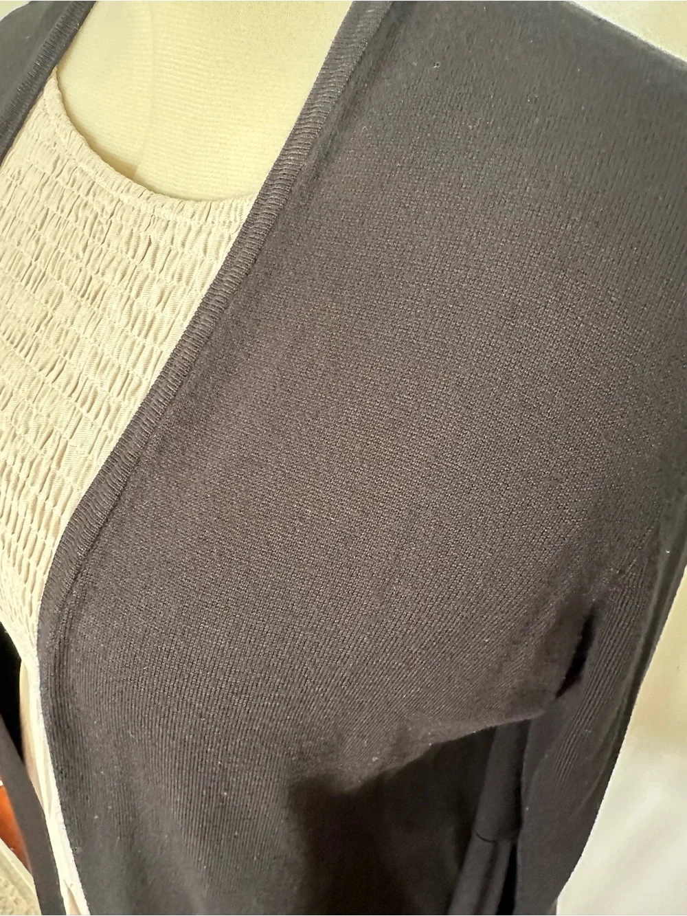 Chico's Black Open-Front tunic length Cardigan with tulip sleeves.